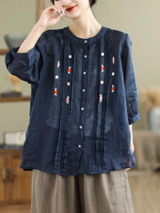 Women Summer Artsy Floral Embroidery Ramie Shirt XX1043