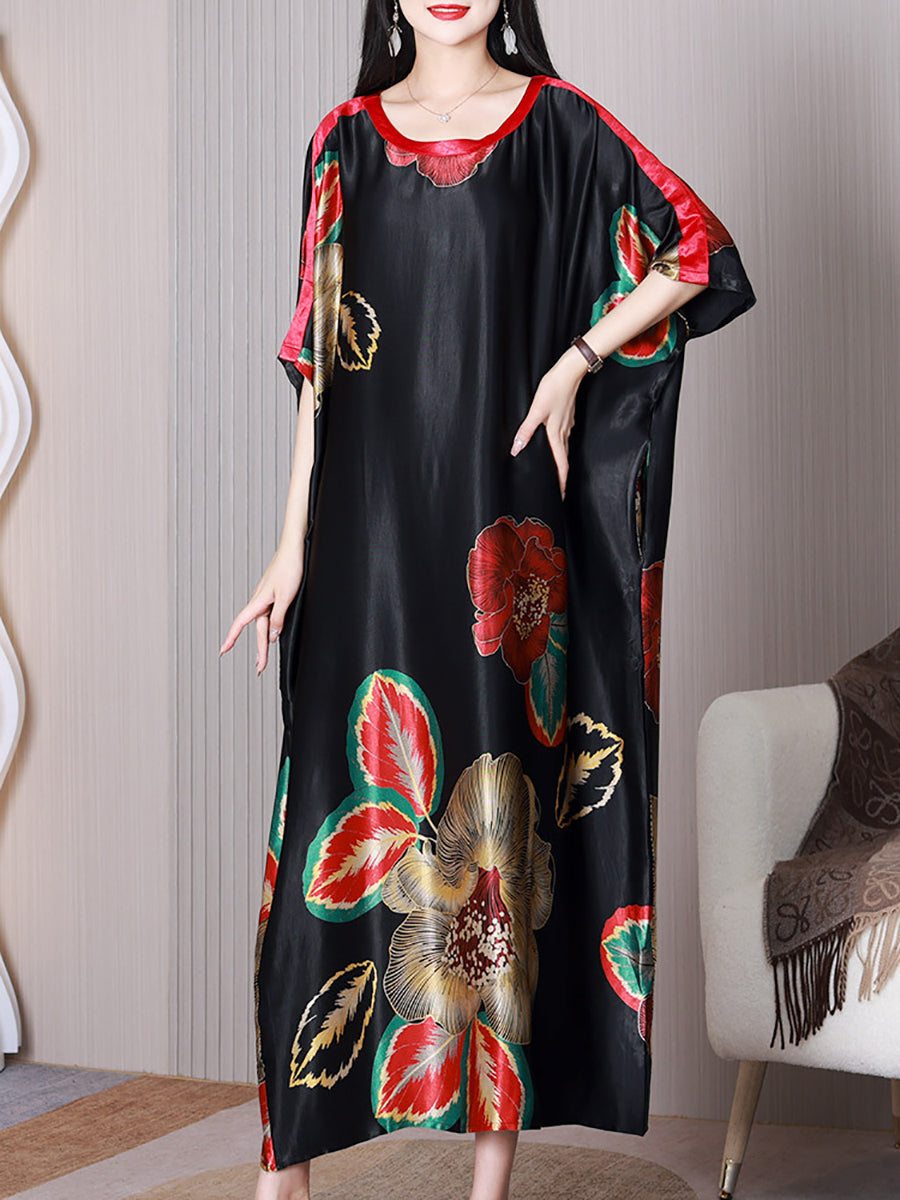 Women Summer Elegant Flower Silk Loose Dress XX1003