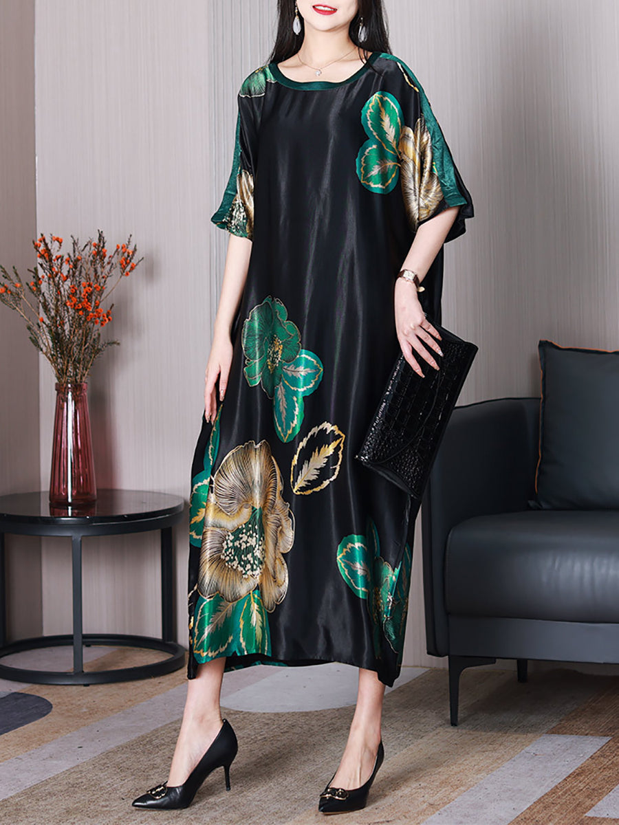 Women Summer Elegant Flower Silk Loose Dress XX1003