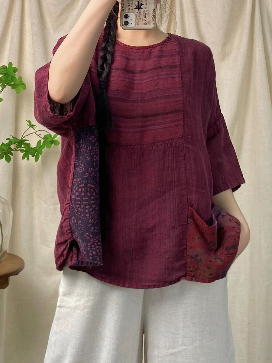 Women Summer Retro Spliced Linen O-Neck Shirt XX1007