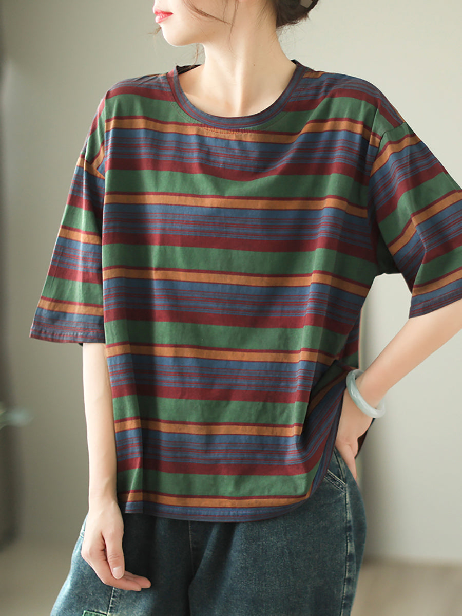 Women Casual Stripe Summer O-Neck Cotton Shirt XX1010