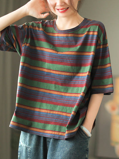 Women Casual Stripe Summer O-Neck Cotton Shirt XX1010