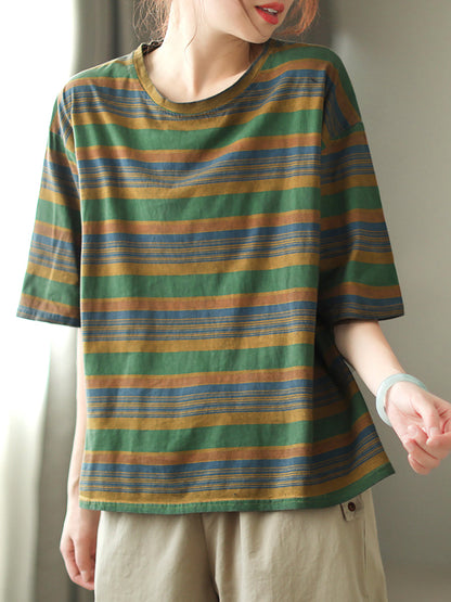 Women Casual Stripe Summer O-Neck Cotton Shirt XX1010