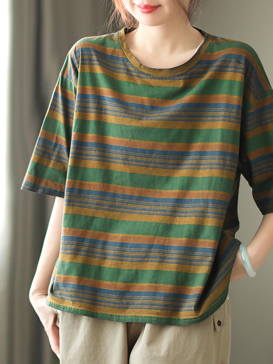 Women Casual Stripe Summer O-Neck Cotton Shirt XX1010