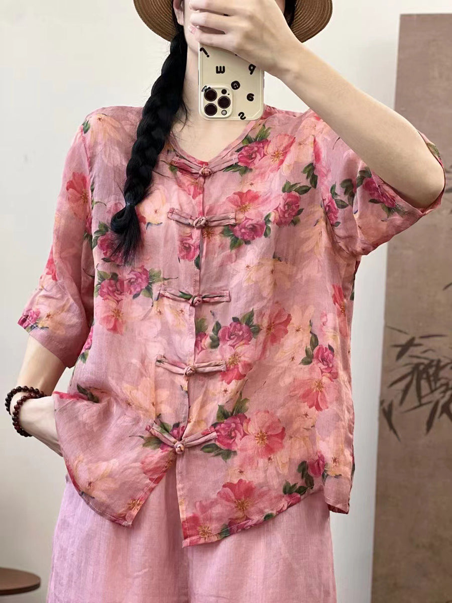 Chemise boutonnée vintage d'été en ramie pour femme XX1013