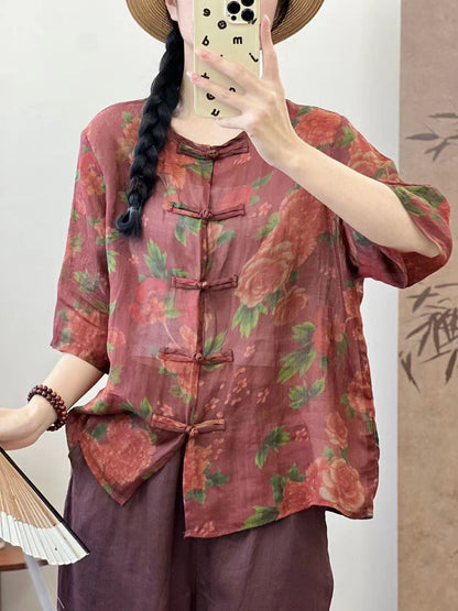 Women Vintage Summer Spliced Button-up Ramie Shirt XX1013