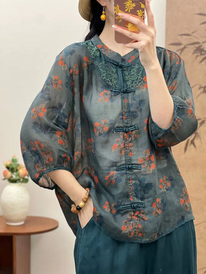 Women Summer Ethnic Flower Spliced Ramie Shirt XX1016