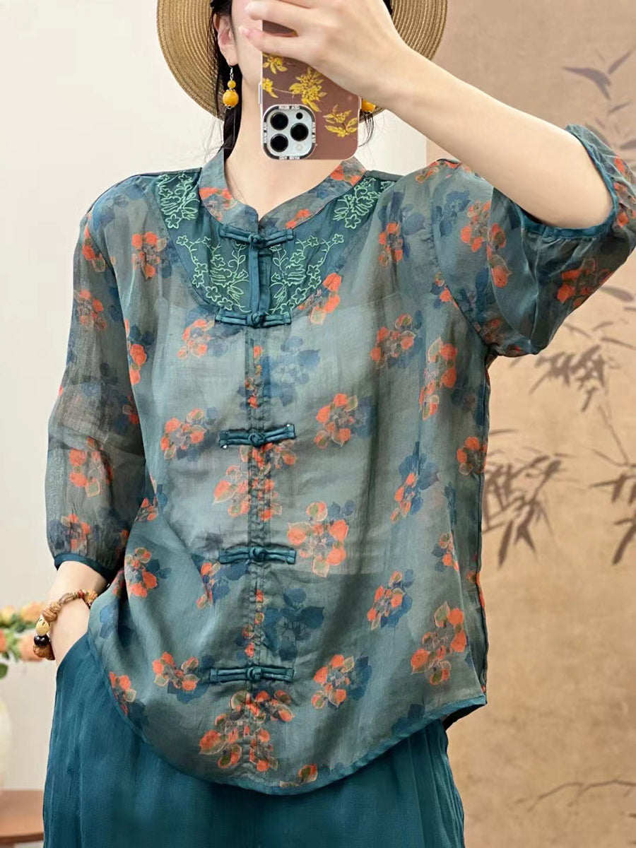 Chemise d'été en ramie à fleurs ethniques pour femmes XX1016