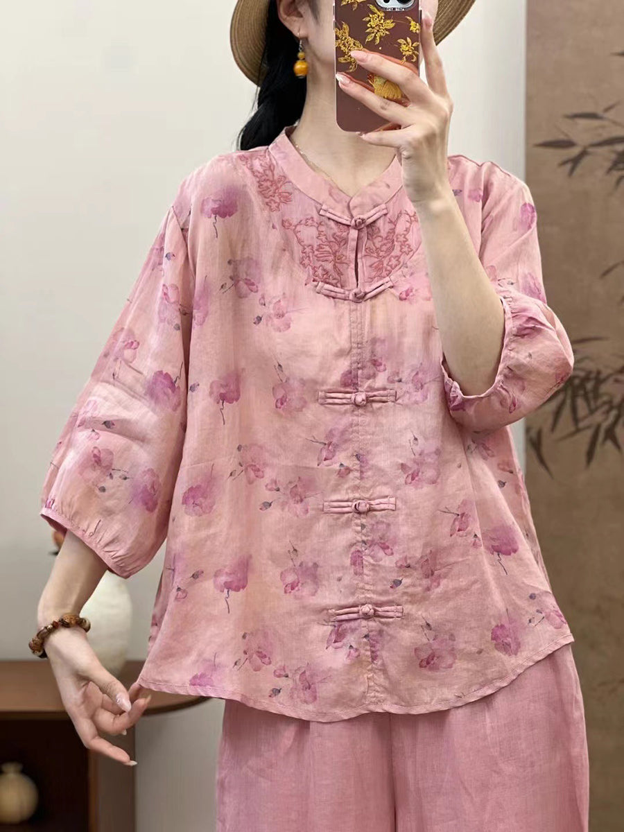 Chemise d'été en ramie à fleurs ethniques pour femmes XX1016