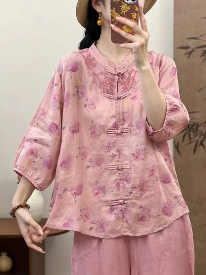 Women Summer Ethnic Flower Spliced Ramie Shirt XX1016