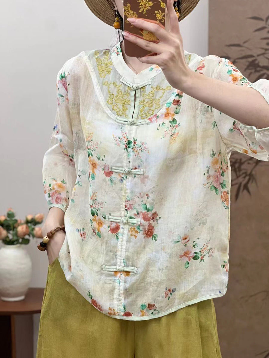 Chemise d'été en ramie à fleurs ethniques pour femmes XX1016