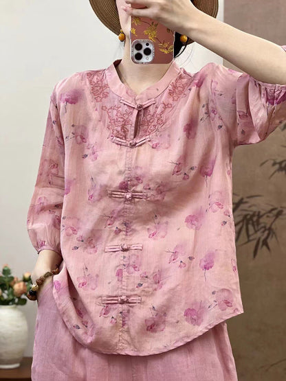 Women Summer Ethnic Flower Spliced Ramie Shirt XX1016