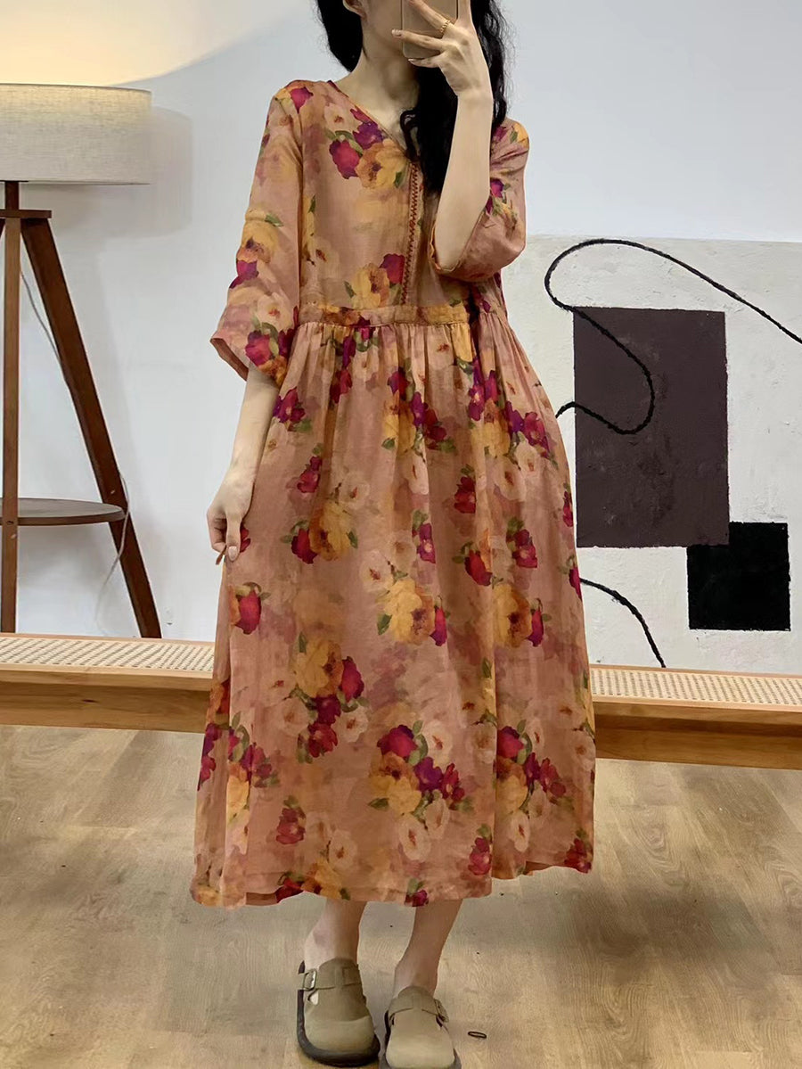 Robe d'été à col en V en ramie à fleurs vintage pour femme XX1028