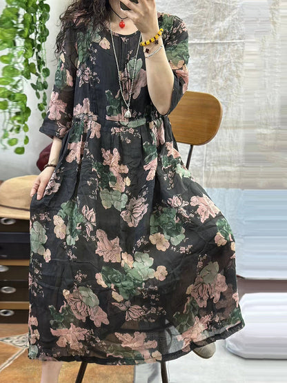 Women Summer Floral Artsy Strap Ramie Dress AA1001