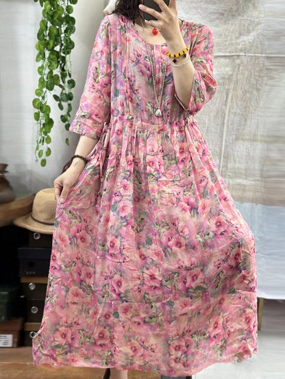 Women Summer Floral Artsy Strap Ramie Dress AA1001