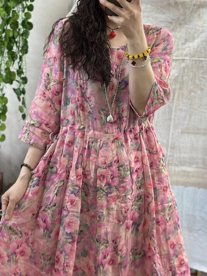 Women Summer Floral Artsy Strap Ramie Dress AA1001