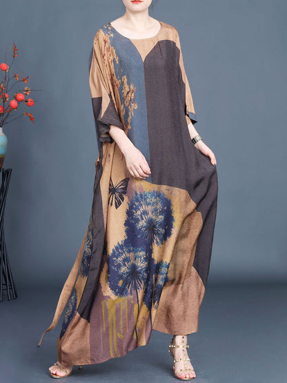 Women Artsy Flower Spliced Loose Maxi Dress AA1003