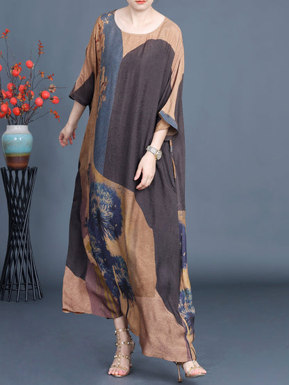 Women Artsy Flower Spliced Loose Maxi Dress AA1003