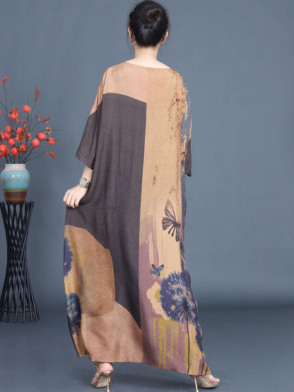 Women Artsy Flower Spliced Loose Maxi Dress AA1003