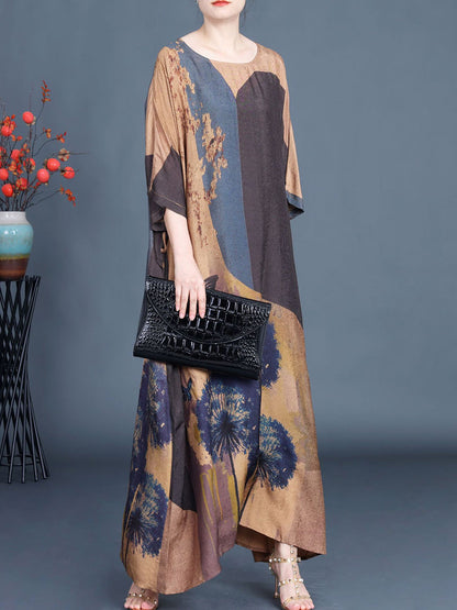 Women Artsy Flower Spliced Loose Maxi Dress AA1003