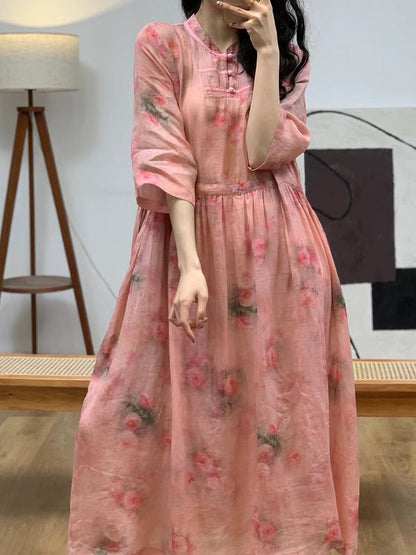 Women Summer Floral Vintage Stand Collar Ramie Dress AA1006