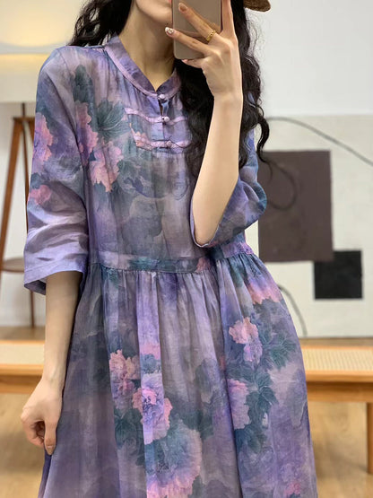 Women Summer Floral Vintage Stand Collar Ramie Dress AA1006