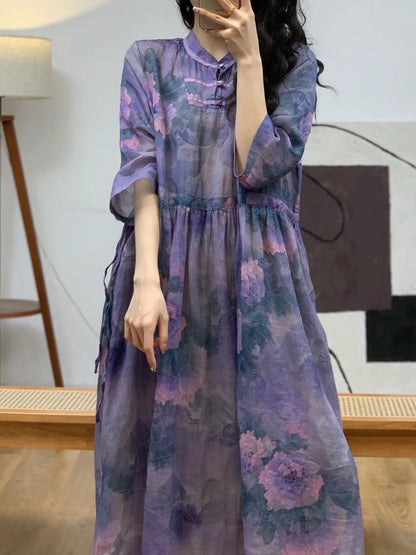 Women Summer Floral Vintage Stand Collar Ramie Dress AA1006