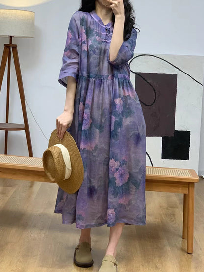 Women Summer Floral Vintage Stand Collar Ramie Dress AA1006