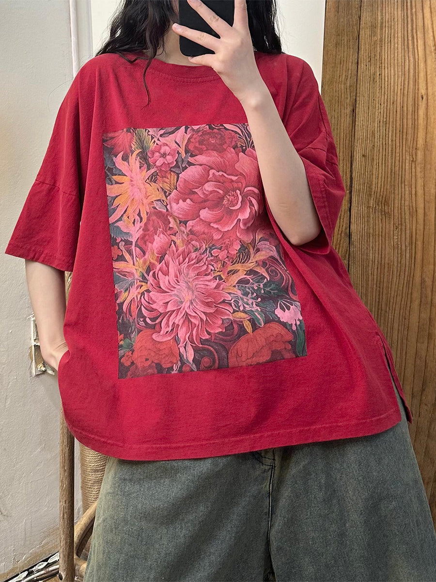 Women Summer Casual Flower Spliced Cotton Shirt AA1010