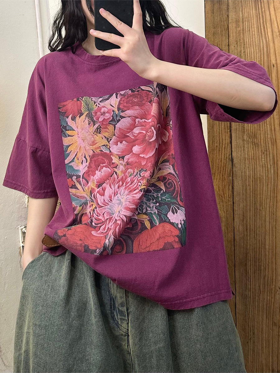 Women Summer Casual Flower Spliced Cotton Shirt AA1010