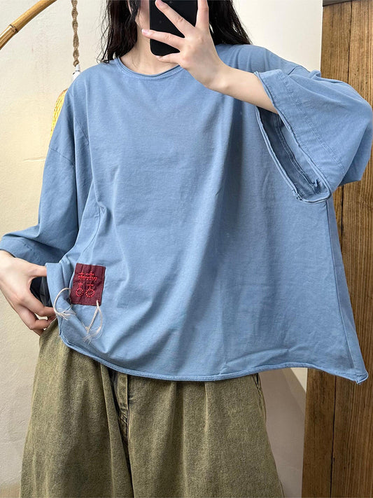 Women Vintage Patch Spliced Loose Cotton Shirt AA1018