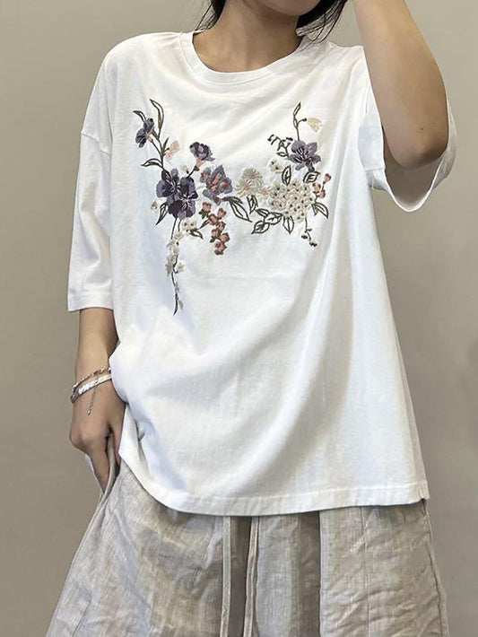 Women Summer Floral Embroidery Cotton Shirt AA1027
