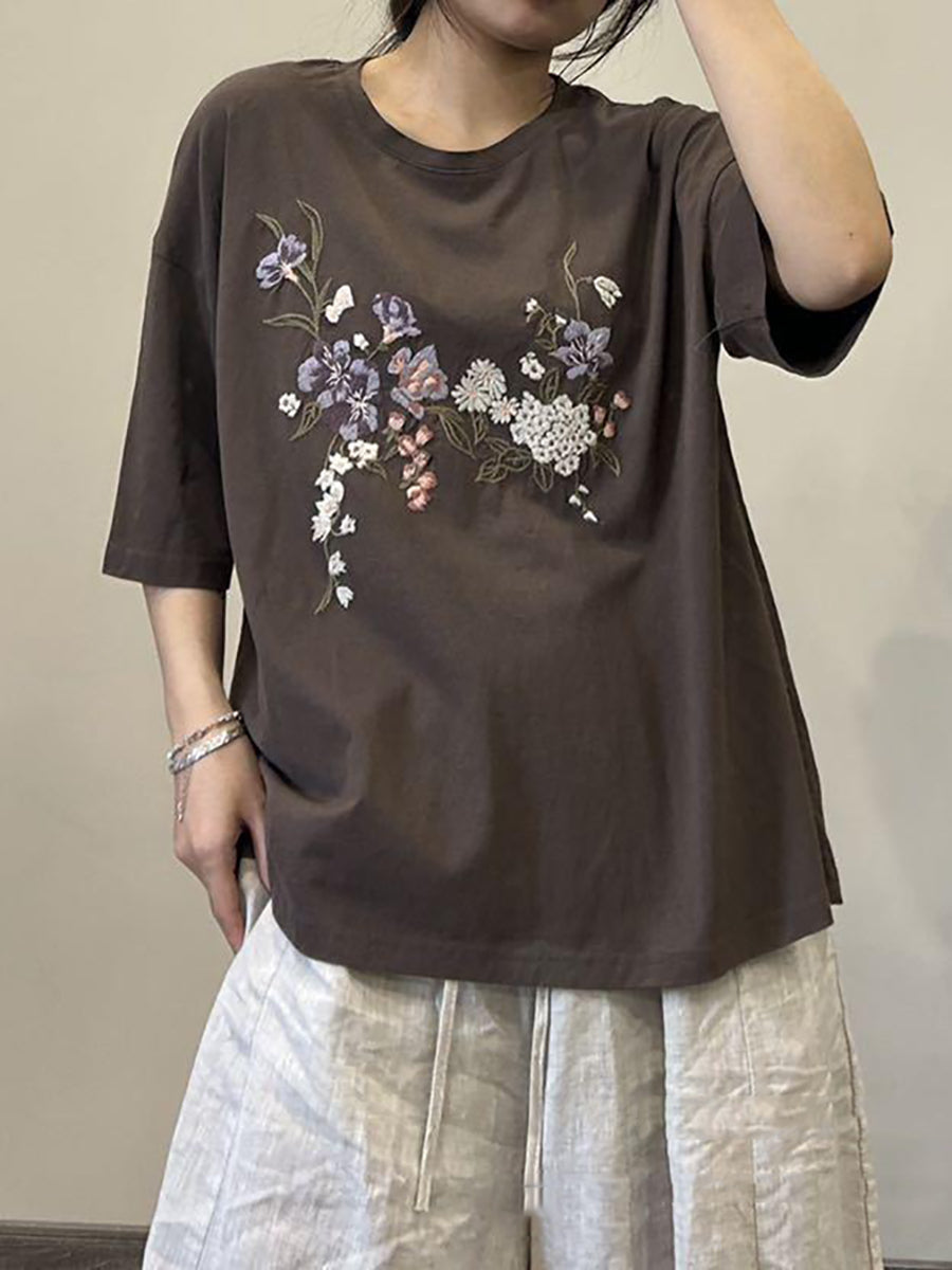 Women Summer Floral Embroidery Cotton Shirt AA1027