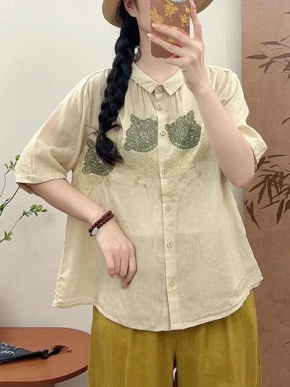 Women Summer Vintage Flower Embroidery Ramie Shirt AA1034