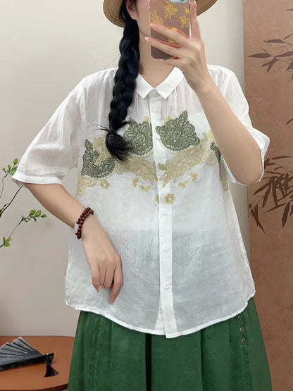 Women Summer Vintage Flower Embroidery Ramie Shirt AA1034