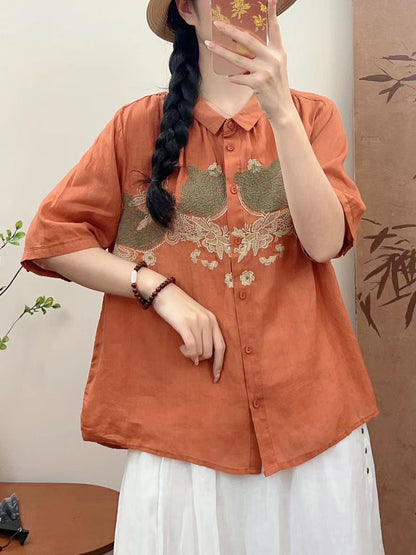 Women Summer Vintage Flower Embroidery Ramie Shirt AA1034