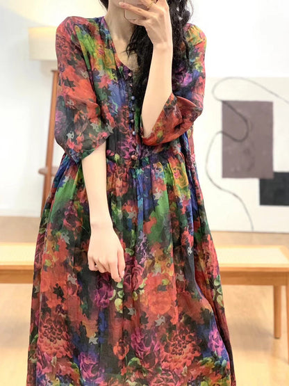 Women Artsy Floral Summer V-Neck Ramie Dress AA1036