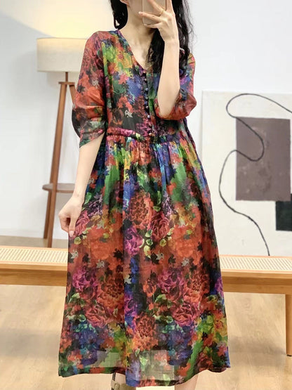 Women Artsy Floral Summer V-Neck Ramie Dress AA1036