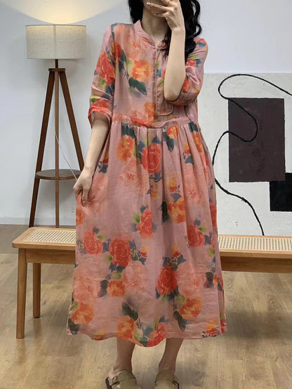 Women Summer Ethnic Flower Linen Strap Dress AA1045