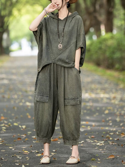 Women Retro Summer Solid Denim Spliced Hooded Shirt+Pants AA1055