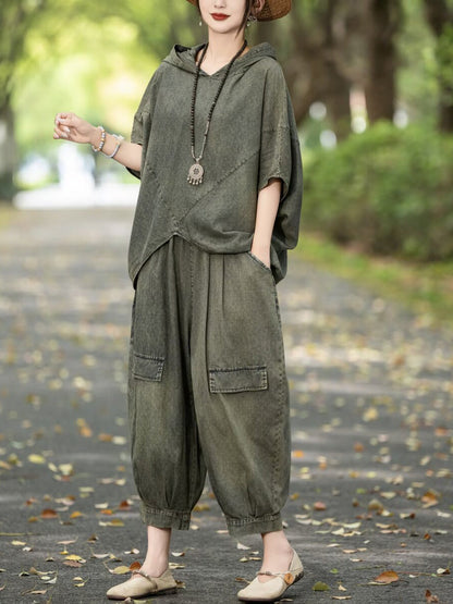 Women Retro Summer Solid Denim Spliced Hooded Shirt+Pants AA1055