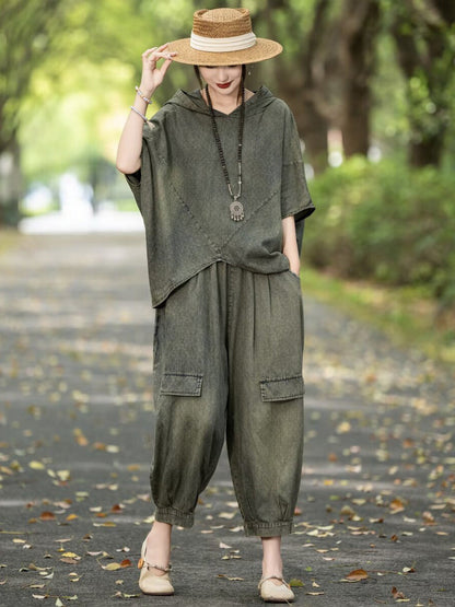 Women Retro Summer Solid Denim Spliced Hooded Shirt+Pants AA1055