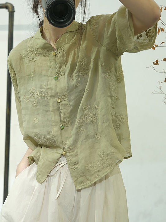 Women Ethnic Solid Embroidery Button-up Linen Shirt AA1051