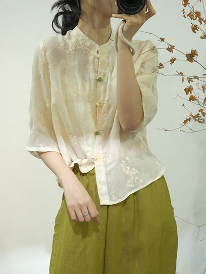 Women Ethnic Solid Embroidery Button-up Linen Shirt AA1051