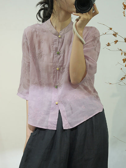 Women Ethnic Solid Embroidery Button-up Linen Shirt AA1051