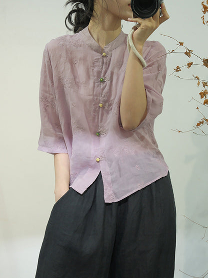 Women Ethnic Solid Embroidery Button-up Linen Shirt AA1051