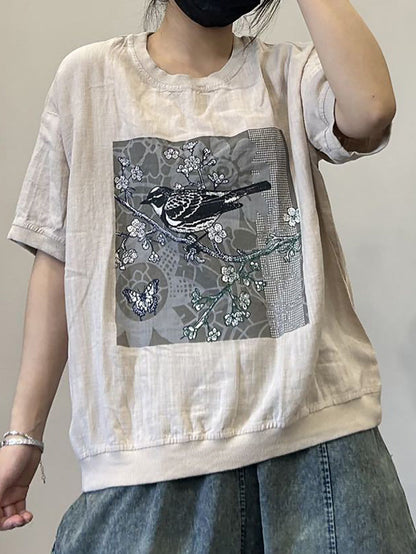 Women Casual Summer Bird Spliced Cotton Shirt AA1052