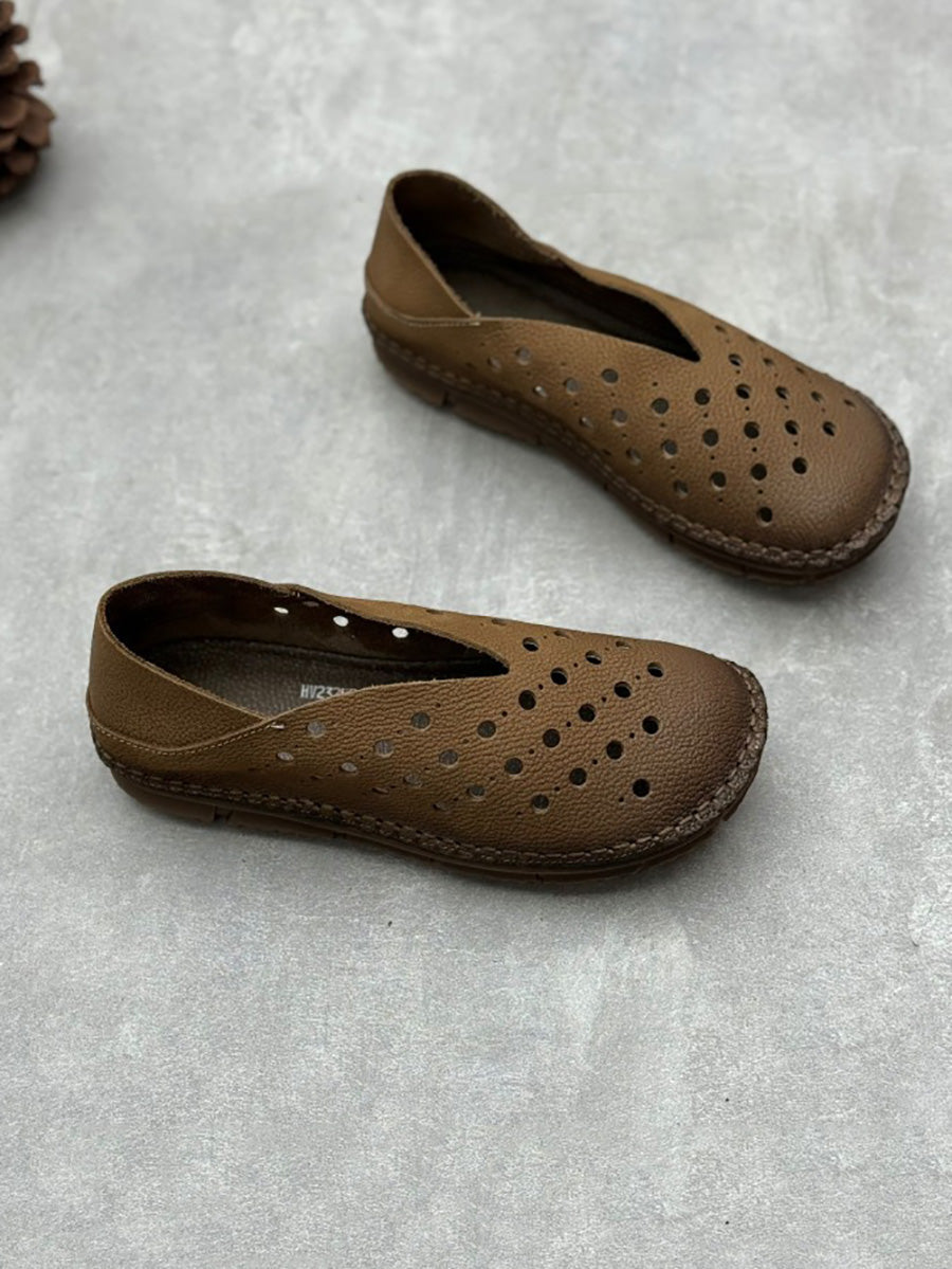 Chaussures plates découpées en cuir vintage d'été pour femmes QW1051