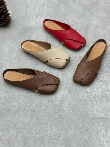 Women Summer Solid Leather Spliced Slippers FA282