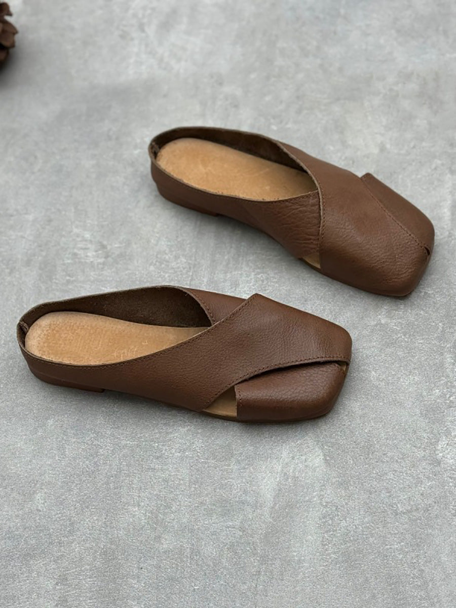 Women Summer Solid Leather Spliced Slippers FA282